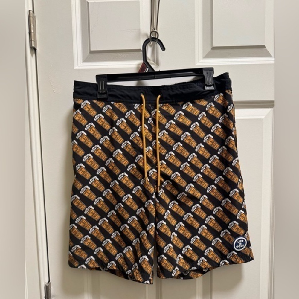 Mens Life Is Good Lined Swim Trunks Beer Theme “Peace Love & Hoppiness”
